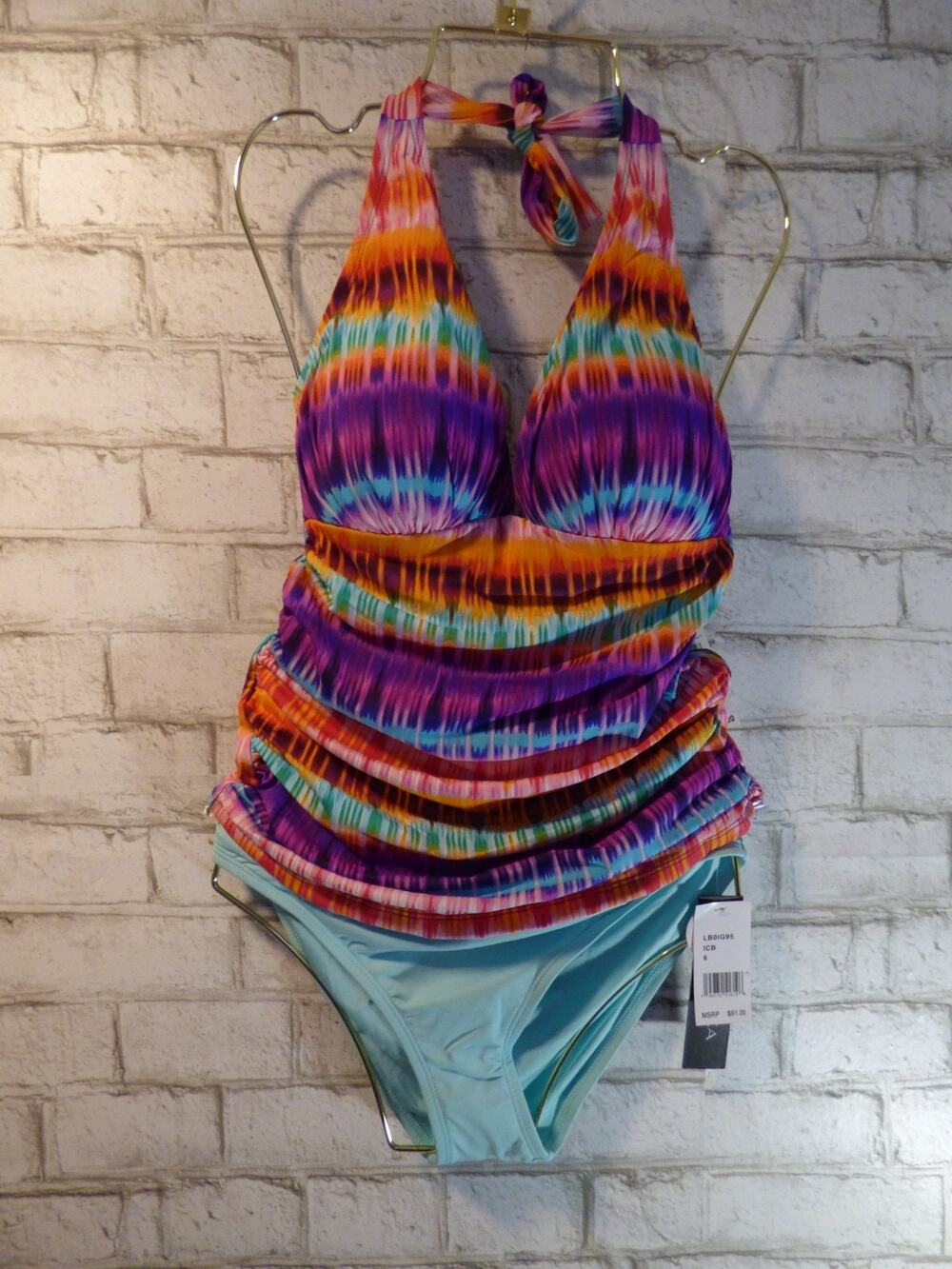 Bleu Rod Beattie Tie Dye Tankini Top La Blanca Hipster Bottom Swim Set Small NEW